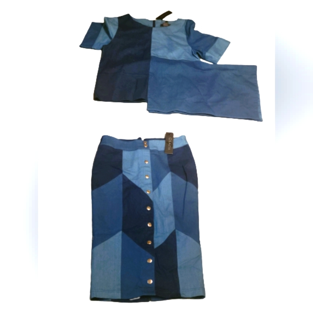 New Skirt set. Jean like material. Back zipper closure. Skirt small.Top medium.